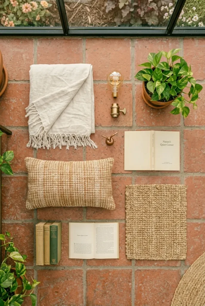 Flat-lay of greenhouse reading nook essentials including a warm bulb, throw, pothos, and jute rug swatch.