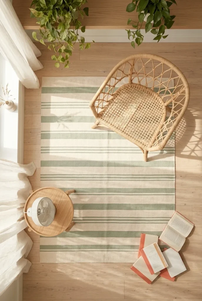Flat-weave cotton rug in cream and sage under a reading chair, summer reading corner rug swap, light airy nook flooring.