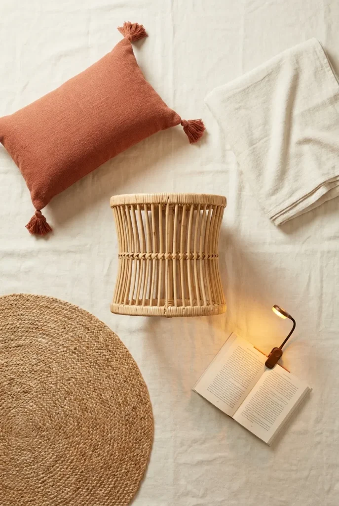 Flatlay of hammock reading nook accessories rattan side table, terracotta lumbar pillow, linen throw, jute rug swatch, and clip-on book light.