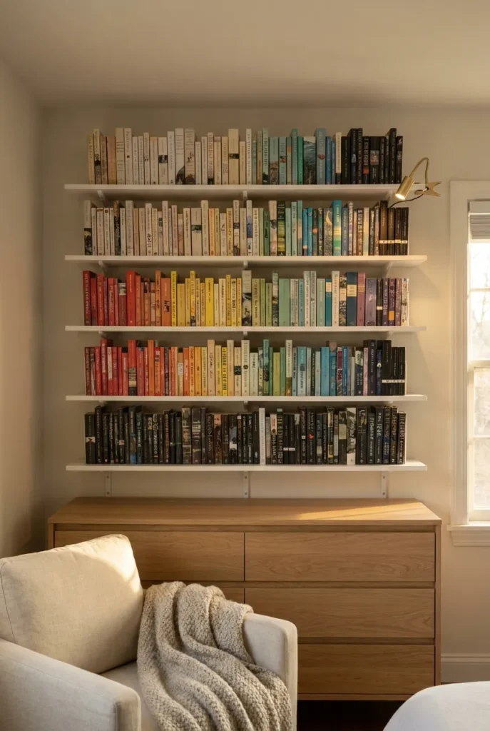 Floating shelf rows above a natural wood dresser as a renter-safe small home library in a cozy bedroom.