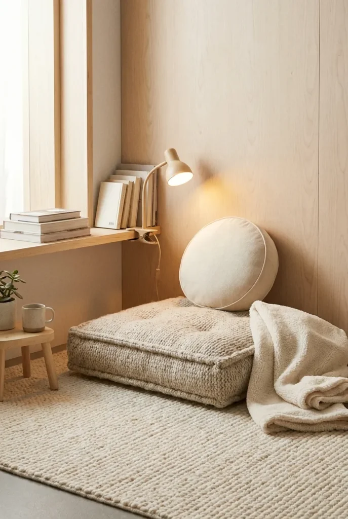 Floor cushion reading nook in a corner with a bolster and warm clip-on light.
