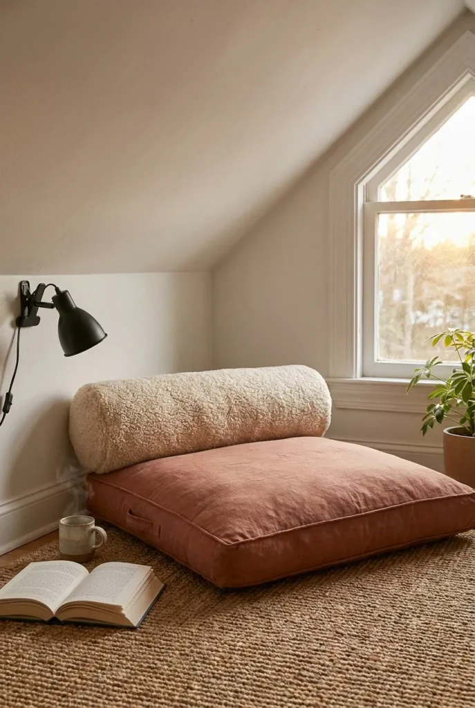 Floor cushion reading nook under 60-inch attic eaves with sherpa bolster, clip-on reading light, ceramic mug, and jute rug in a warm boho cottagecore attic corner.