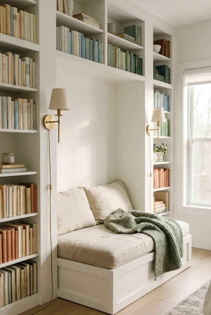 Floor-to-ceiling reading nook bookcase wall with brass sconces, linen daybed cushions, and a sage wool throw.