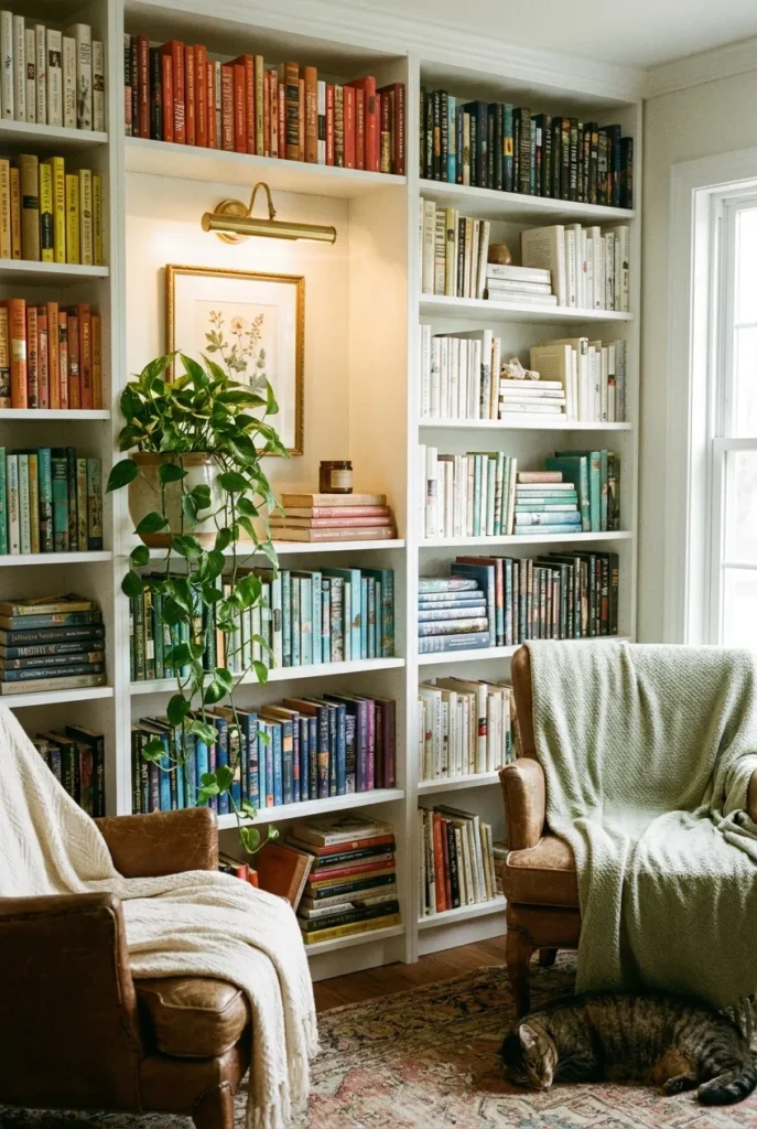 Floor-to-ceiling white bookcase wall styled with spines, a plant, and a picture light.