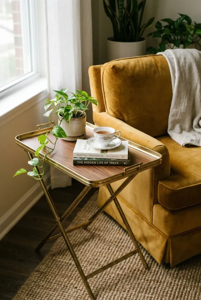 Folding tray side table with brass frame and walnut top styled for a renter-friendly reading nook.
