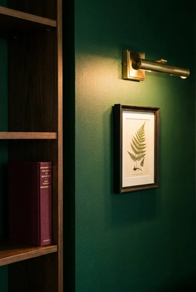 Forest green moody home library wall with dark walnut shelf, brass picture light, and single burgundy book spine.
