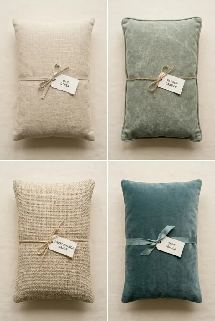 Four budget-friendly reading nook bench cushion styles in linen, canvas, performance weave, and velour.