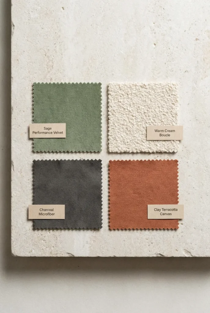 Four pet-friendly fabric swatches including performance velvet, boucle, microfiber, and cotton canvas.