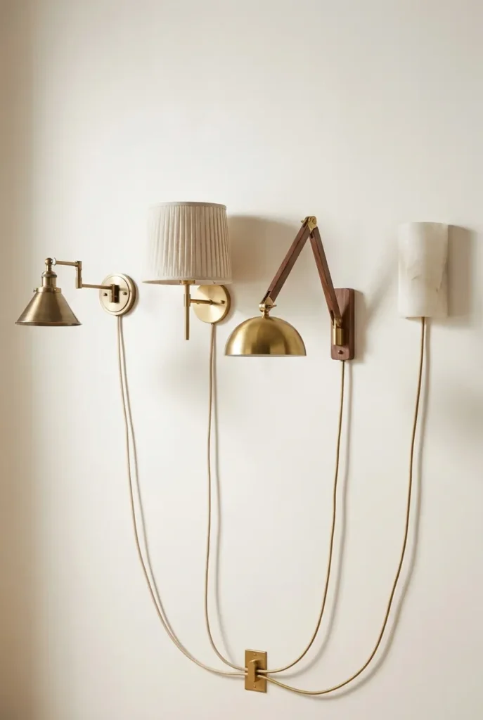 Four plug-in wall sconce styles for reading nooks brass swing-arm, pleated linen, walnut articulating, alabaster.