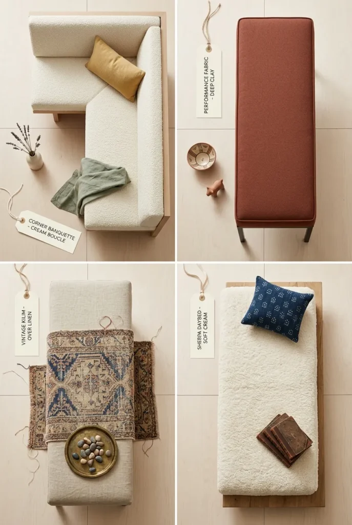 Four premium reading nook bench cushion looks boucle banquette, performance fabric, kilim layered, and sherpa daybed.