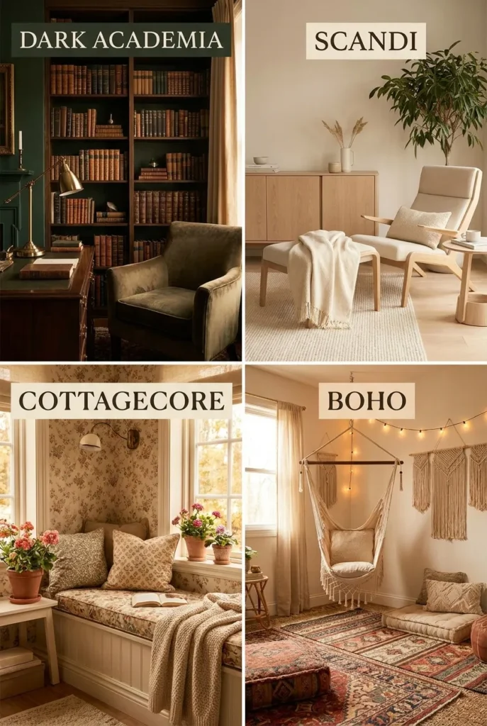 Four reading room styles dark academia, scandi, cottagecore, and boho compared.