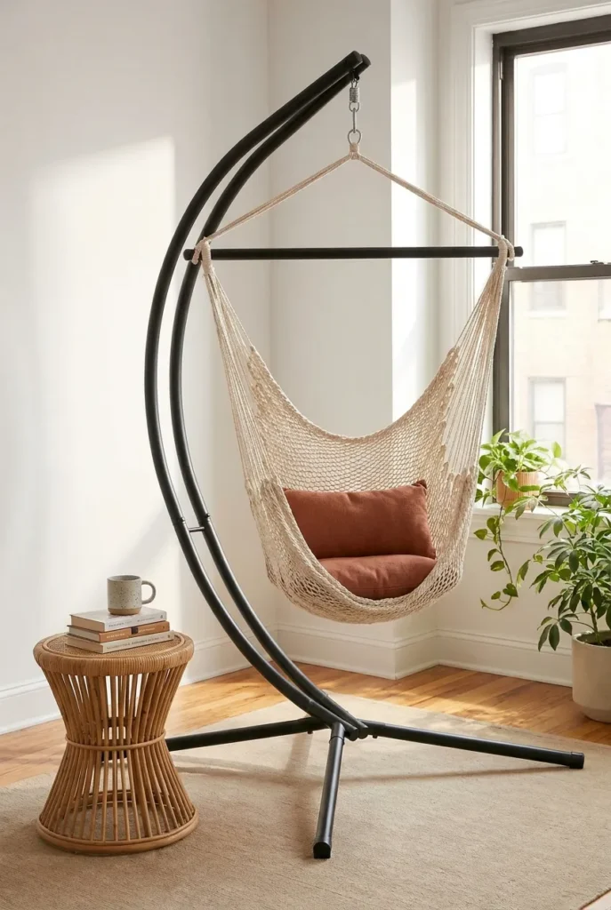 Freestanding arc hammock stand with macrame hanging chair in apartment corner, renter-safe reading nook setup with rattan side table.