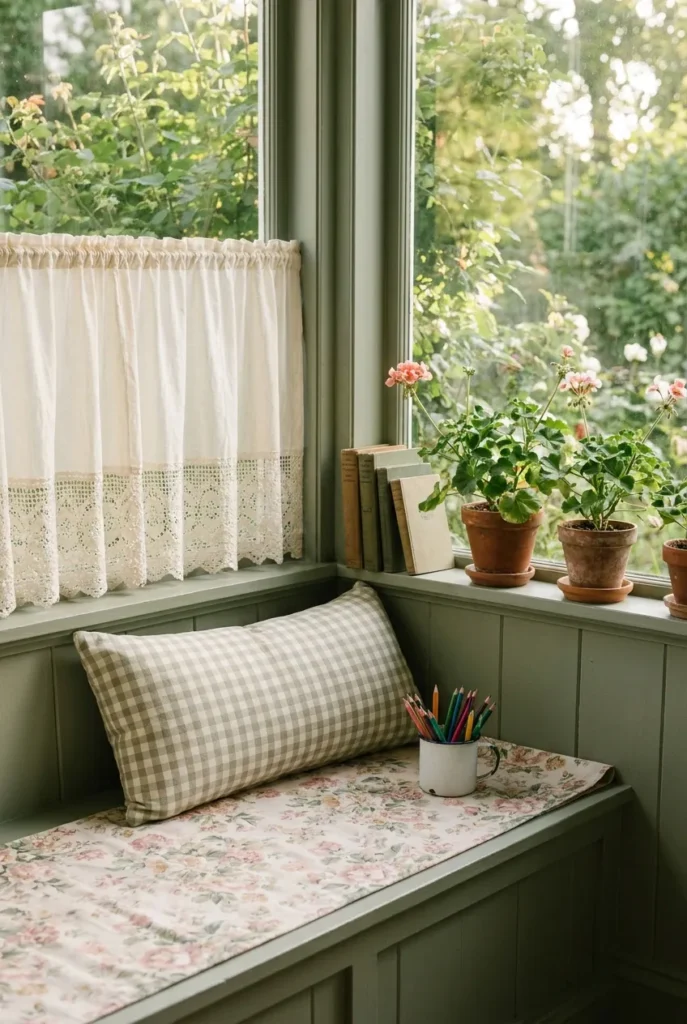 Garden view reading nook with a window bench, café curtain, and gingham pillow framed by green leaves.