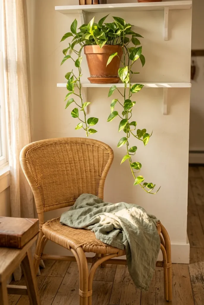 Golden pothos in terracotta pot on floating shelf above a summer reading nook rattan chair, indoor plant swap for cottage-style corner.