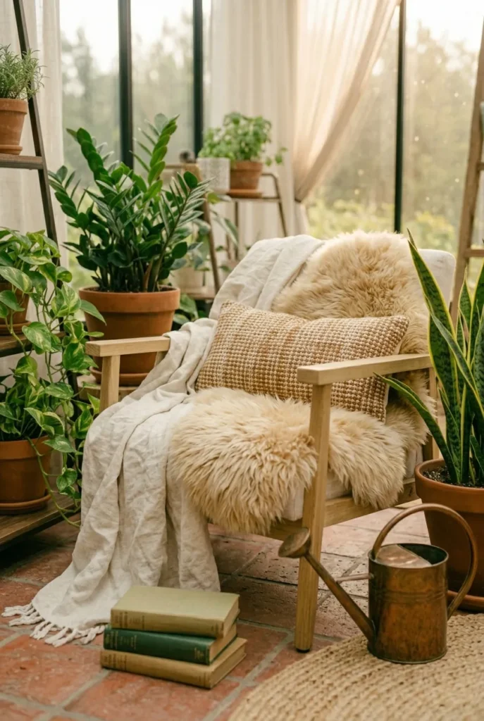 Greenhouse reading chair layered with a linen throw, sheepskin, and lumbar pillow for a cozy cocoon feel.