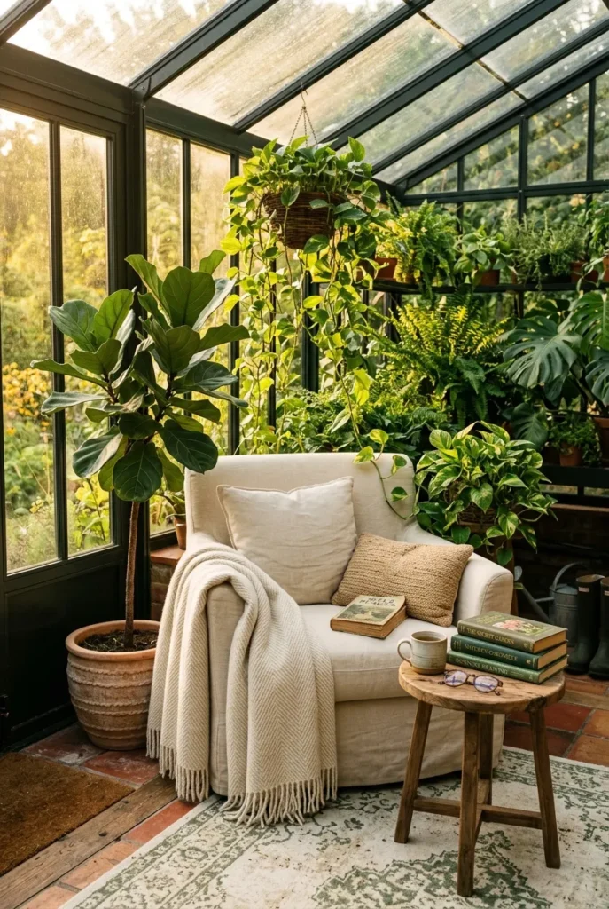 Greenhouse reading nook with a linen chair, trailing plants, and warm afternoon light through a glass roof.
