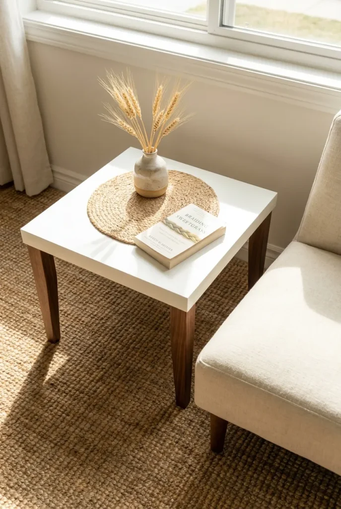 Hacked IKEA LACK side table with tapered walnut legs styled for a budget reading nook corner.