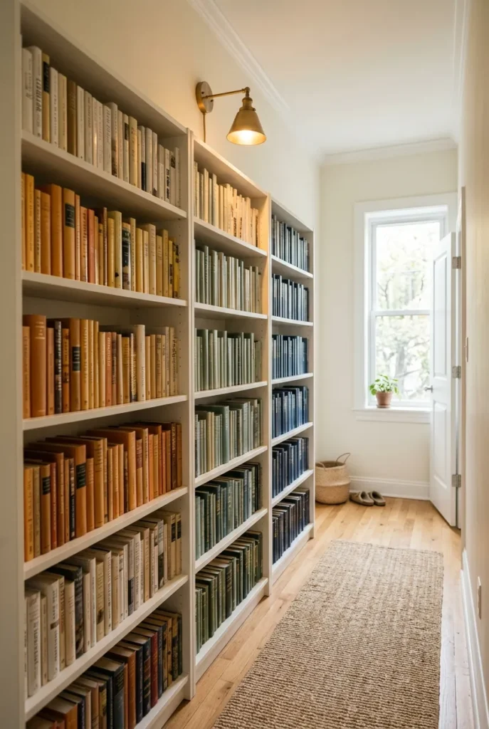 Hallway small home library with three white Billy bookcases painted wall-color and a brass plug-in sconce above center unit.
