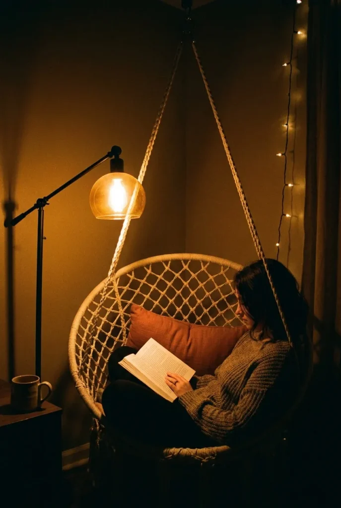 Hammock reading nook lit at night by swing-arm floor lamp at shoulder height with 2700K warm amber light and faint fairy lights behind.