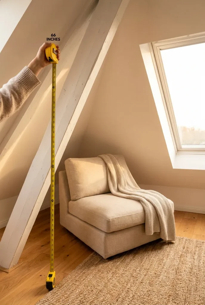 Hand holding a yellow measuring tape at 66 inches under attic eaves beside a low linen armchair on a jute rug, illustrating the low ceiling reading nook height zone.