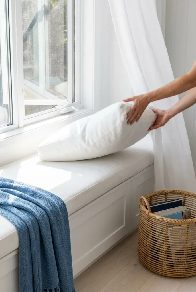 Hands flipping a white coastal window seat cushion in sunlight to prevent uneven fading.