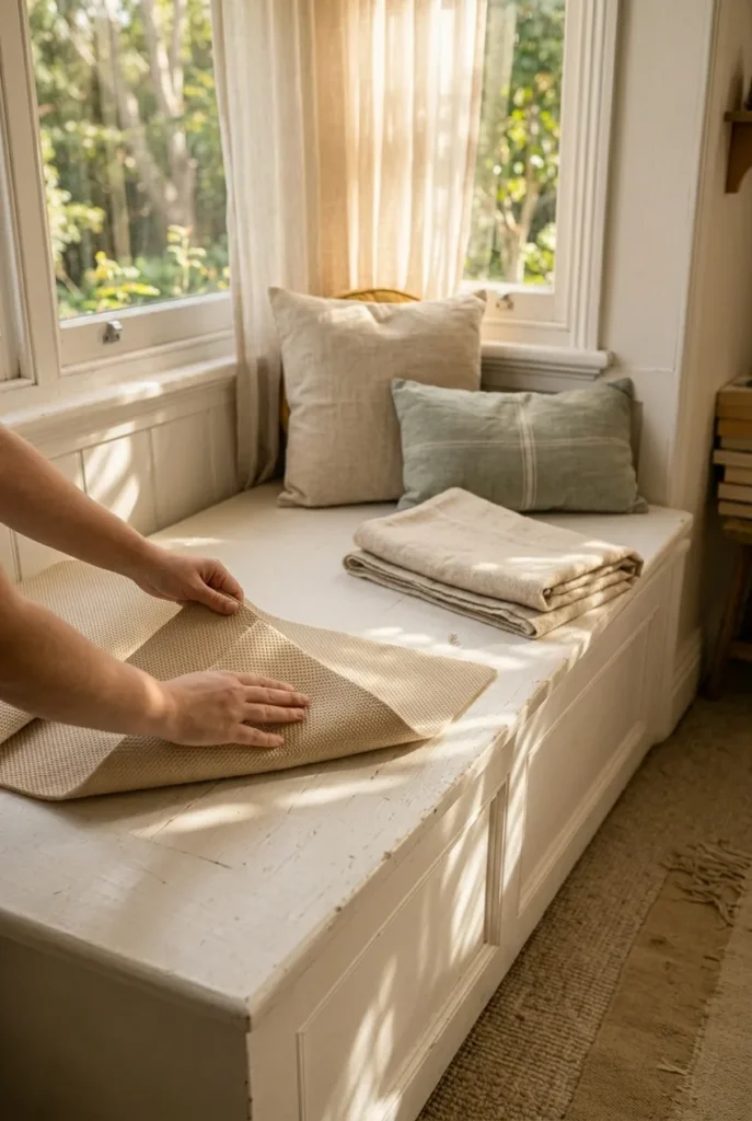 Hands placing a non-slip pad on a white wood bench for a renter-safe reading nook bench cushion setup.