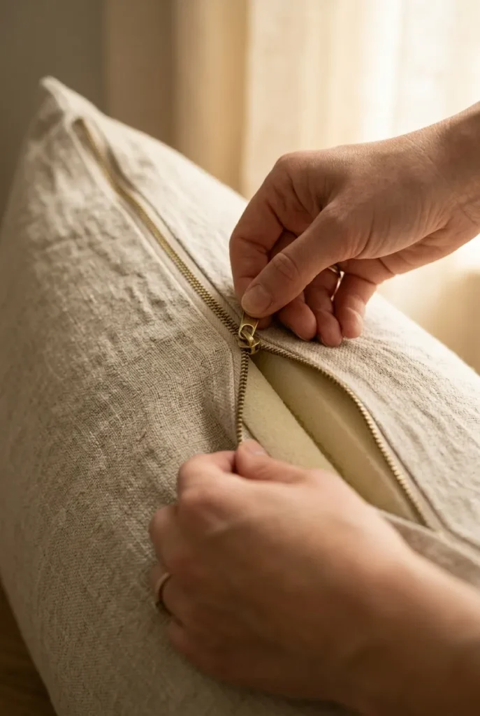 Hands unzipping a removable linen cover on a reading nook bench cushion for machine washing.