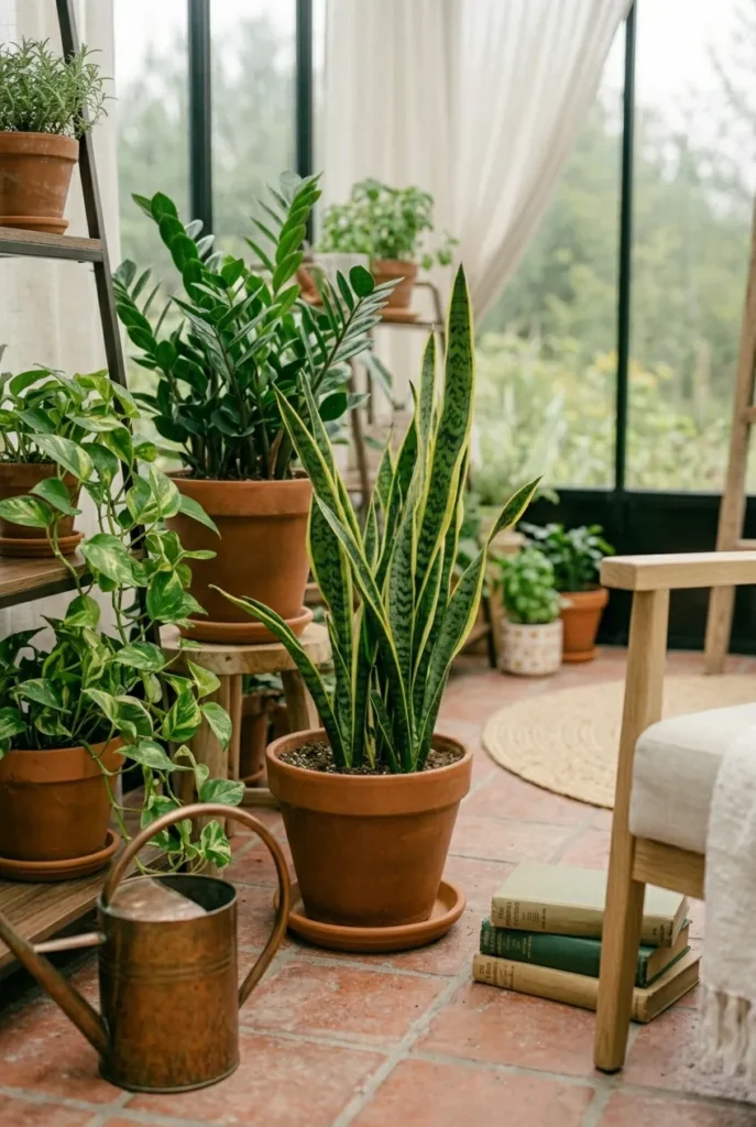 Hardy snake plant, ZZ plant, and pothos grouped in a low-maintenance greenhouse reading nook corner.