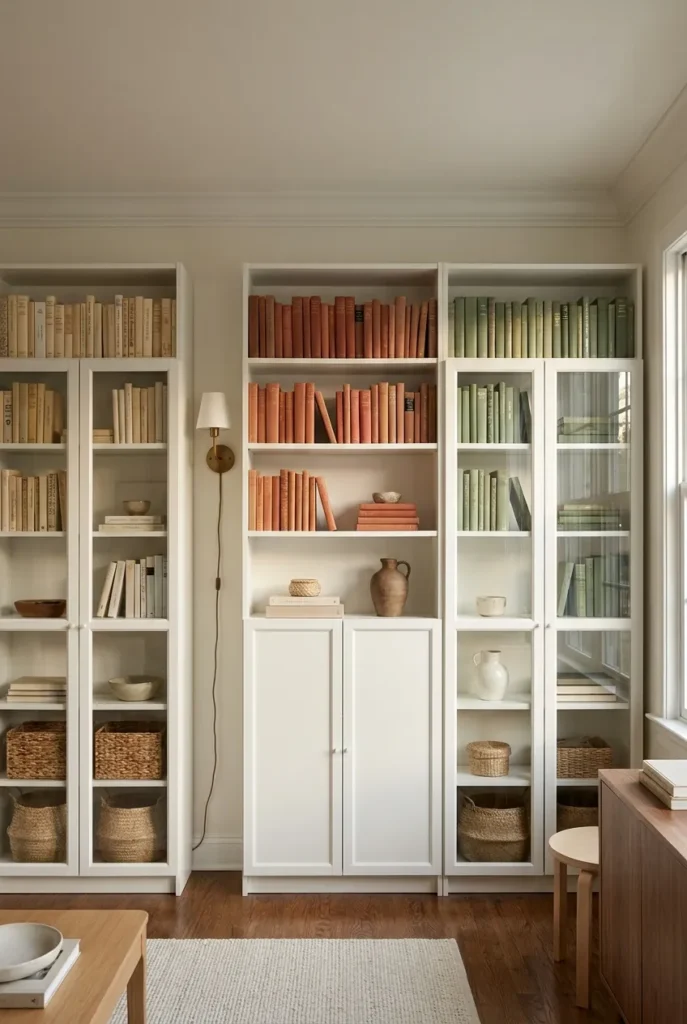 IKEA Billy bookcase grid with height extensions and crown molding, painted white to look built-in as a home library wall.
