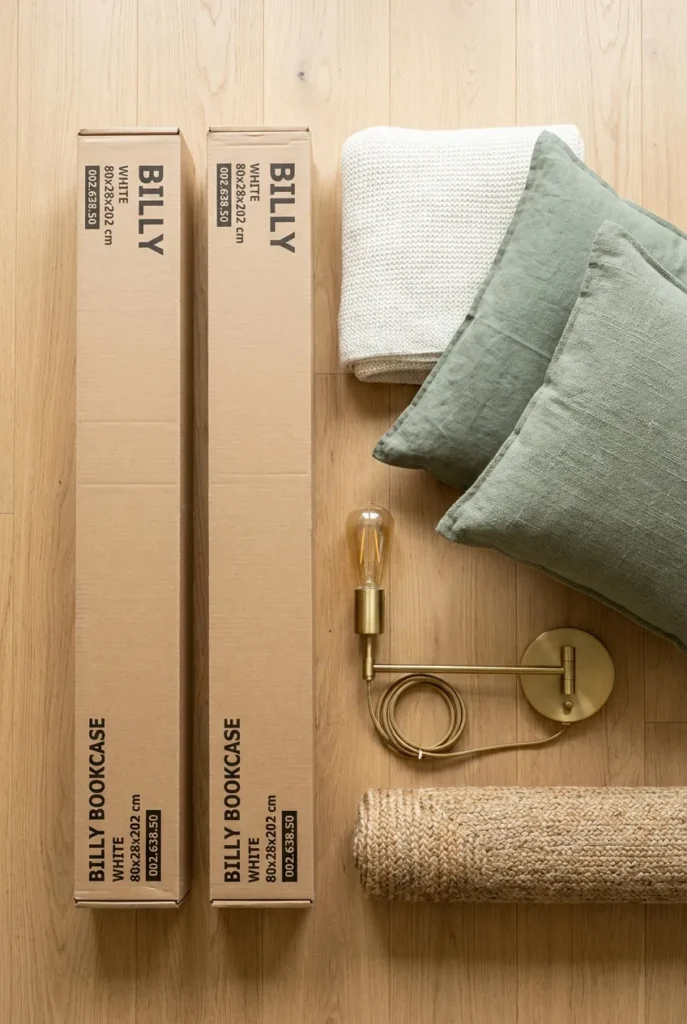 IKEA Billy bookcase reading nook supplies including bookcases, throw, pillows, and sconce.