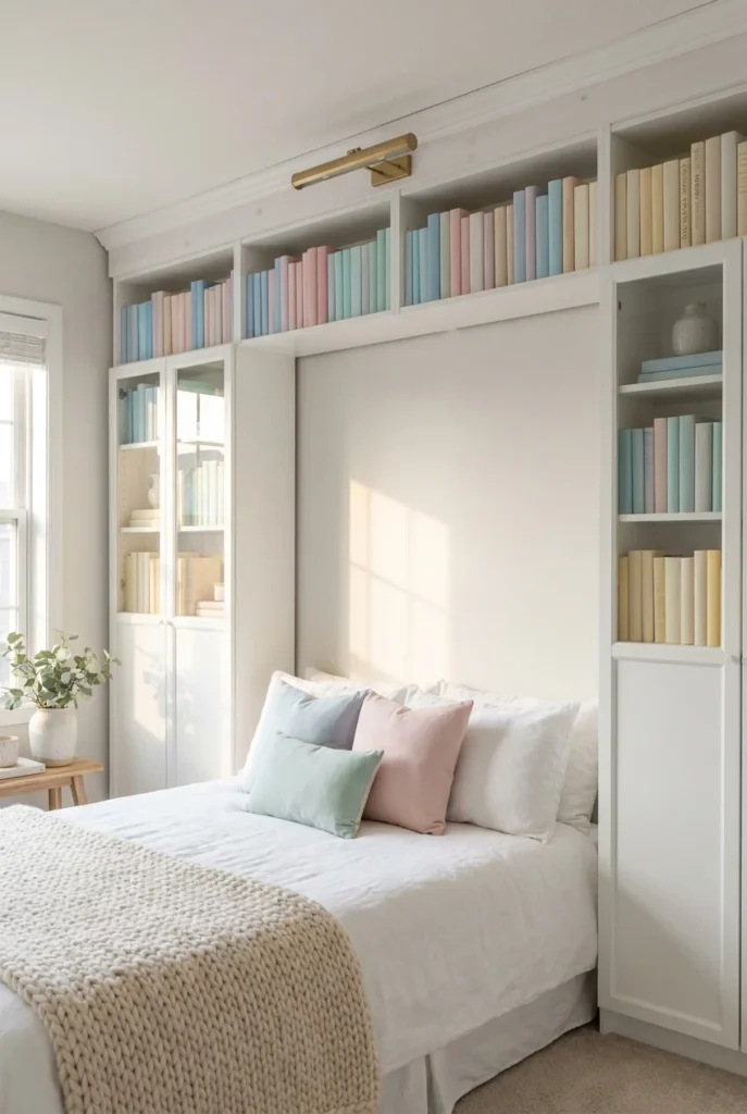 IKEA Billy bookcase reading nook with two 79-inch towers, a daybed, and brass picture lighting overhead.