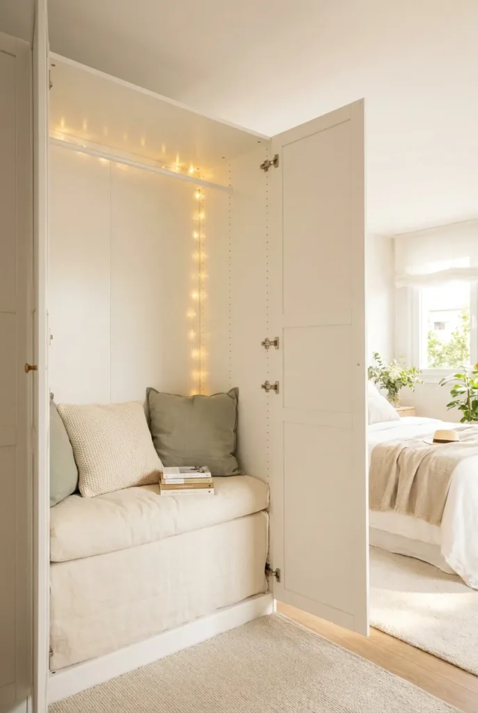 IKEA Pax wardrobe converted into a renter-safe reading nook with cushion and warm fairy lights.