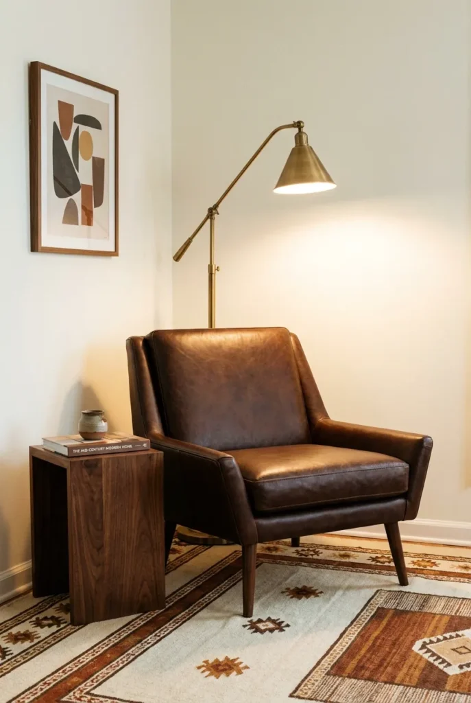 Investment mid-century modern reading nook with walnut leather armchair, antique brass swing-arm lamp, and wool flat-weave rug near $1,900.