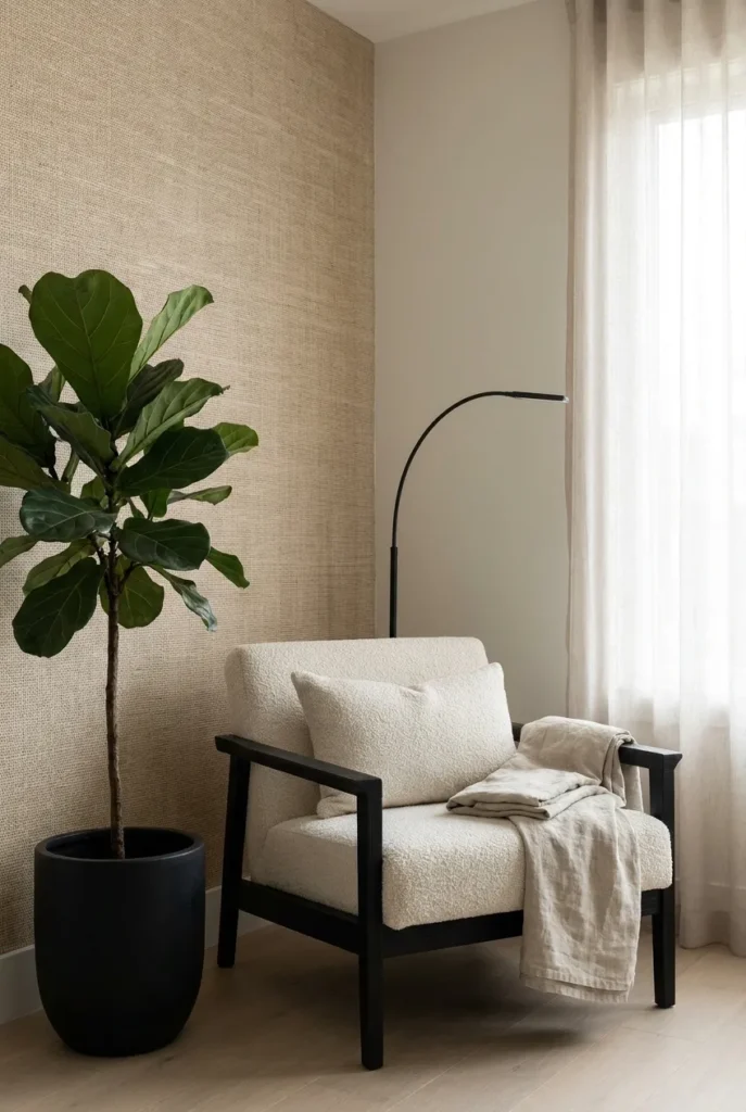 Japandi reading nook with natural beige grasscloth wallpaper, black boucle armchair, fiddle leaf fig, and black arc lamp.