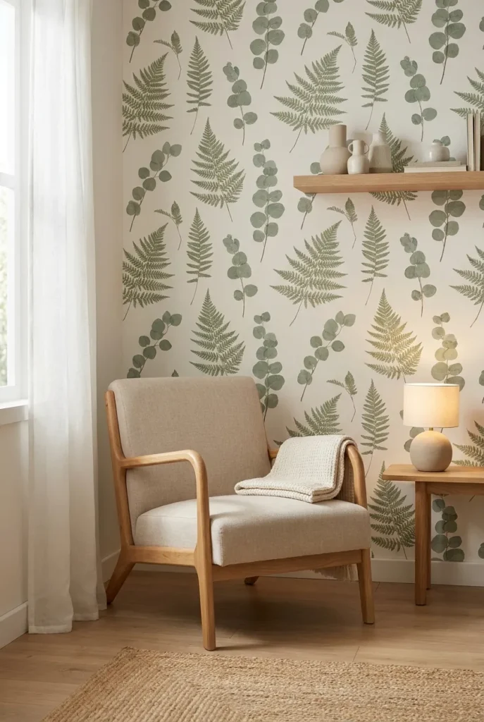 Japandi reading nook with sage green botanical leaf wallpaper, oatmeal linen armchair, ceramic lamp, and soft window light.