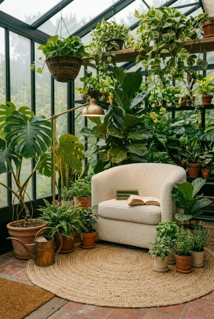Jute rug under a cream chair and potted plants grounding a bright greenhouse reading nook.