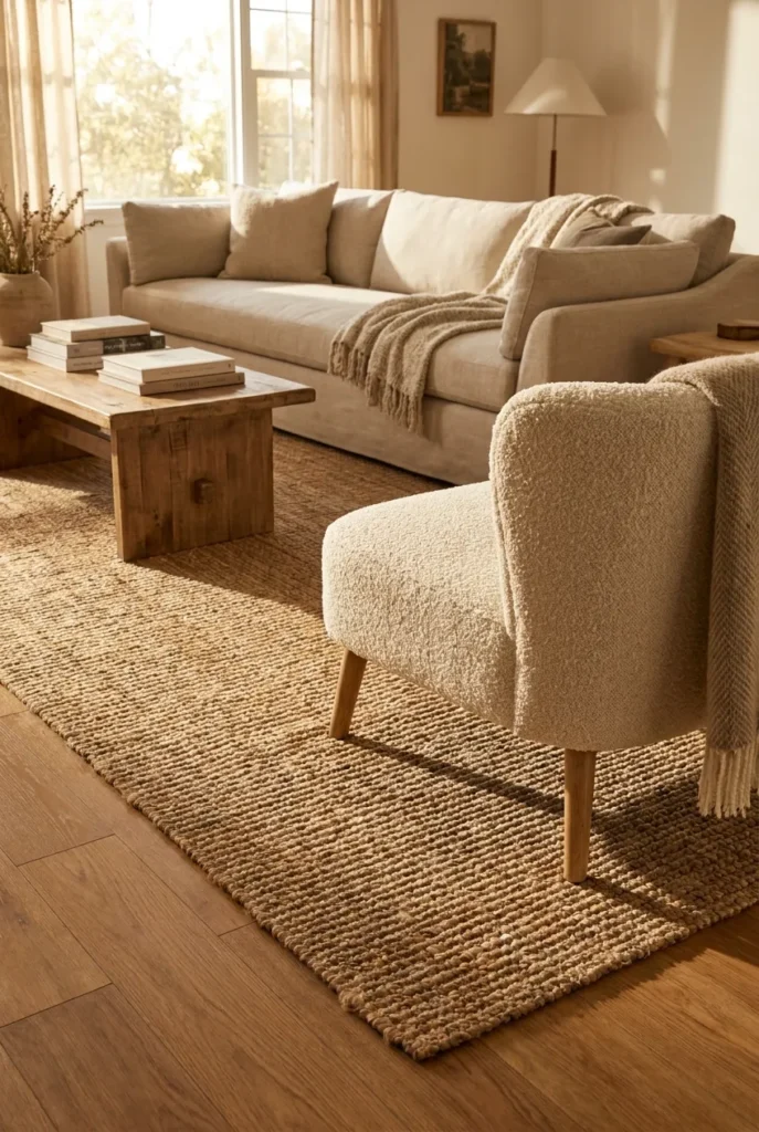 Jute rug zoning a reading area inside an open-plan living room to separate it from the main seating.