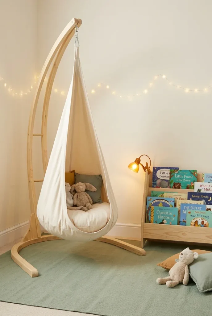 Kids' hammock reading nook with low-hung cream canvas swing pod, small bookshelf with picture books, sage rug, and clip-on reading light.