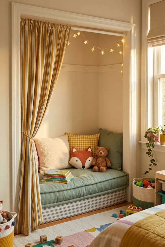 Kids wardrobe reading nook with sage cushion, picture books, plush bear and battery star lights.