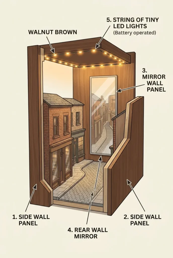 Labeled diagram of a book nook shelf insert showing side walls, back mirror, and LED lights.