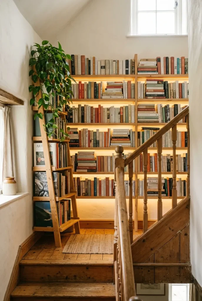 Landing home library with floor-to-ceiling open shelves and warm LED strip lighting at the top of a staircase.