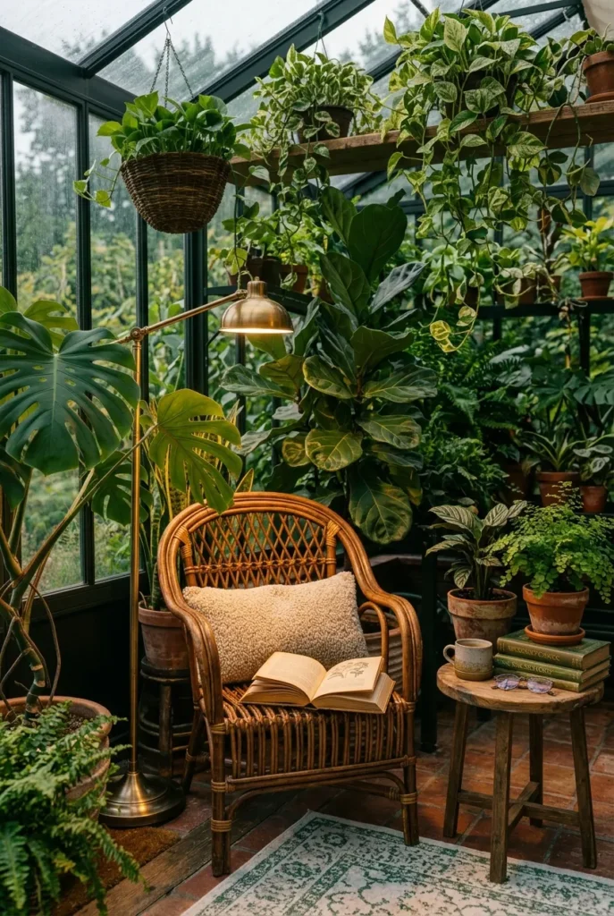 Layered indoor jungle reading nook with a fiddle-leaf fig, trailing pothos, and a rattan chair in bright light.
