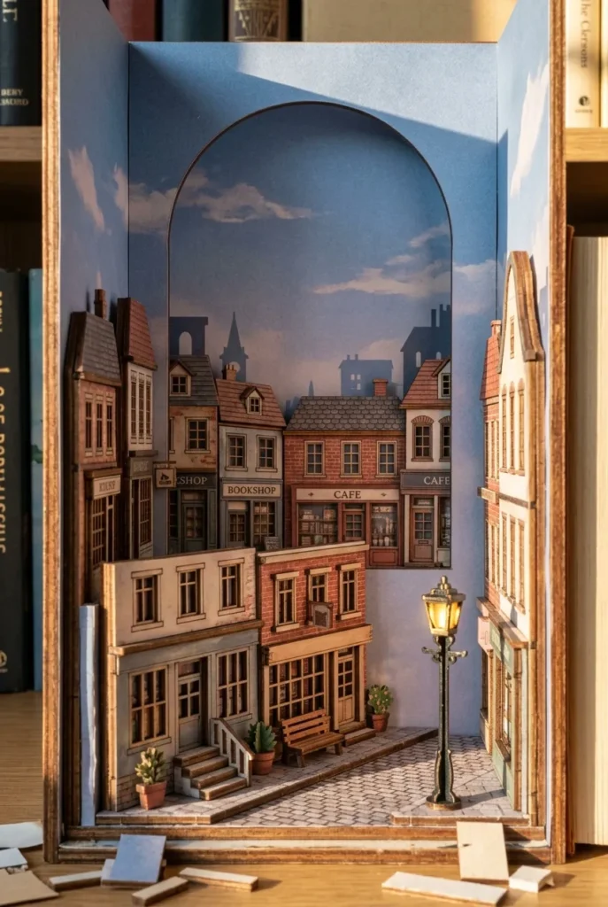 Layered paper buildings inside a DIY book nook insert creating a deep miniature street scene.