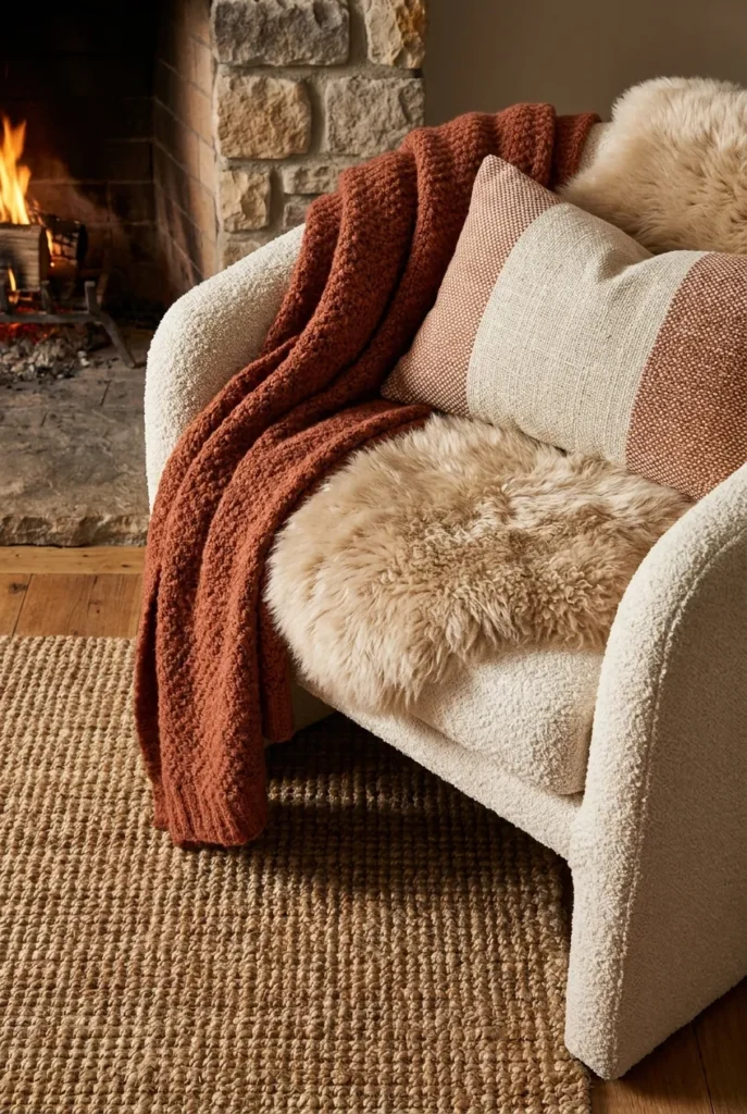 Layered textures in a fireplace reading nook with jute rug, boucle chair, wool throw, and sheepskin.