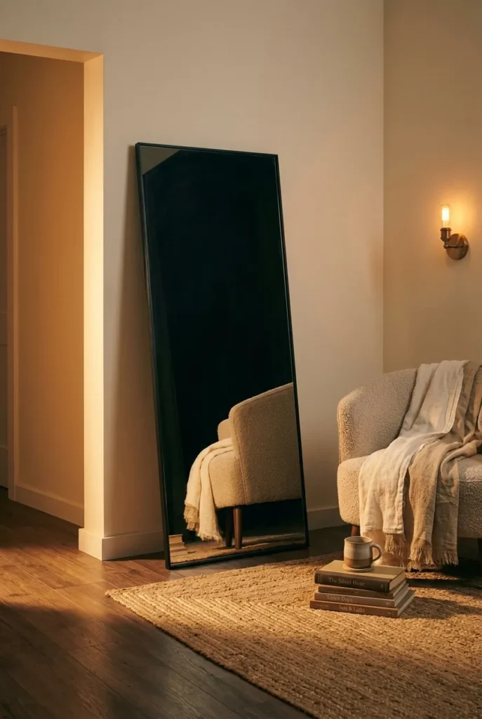 Leaning mirror angled to bounce hallway light into a windowless reading corner.