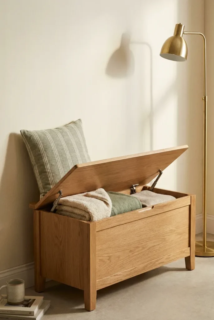 Lift-top reading nook hidden storage bench open showing folded throws in a deep under-seat cavity.