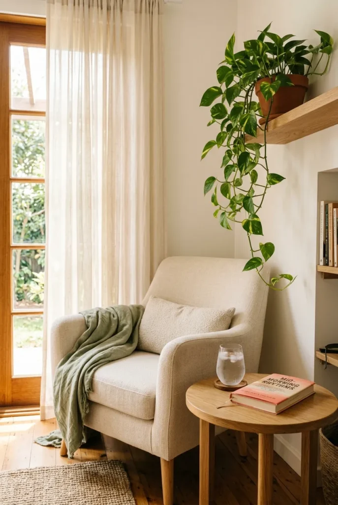 Light and airy summer reading nook with linen accent chair, sage throw, sheer curtains, and trailing pothos plant near a sun-filled window.