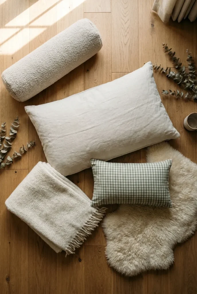 Linen bench cushion, boucle bolster, sage pillow, wool throw and sheepskin for a wardrobe reading nook.