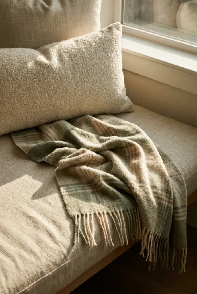 Linen bench cushion with lumbar pillow and wool throw styled on a reading nook storage bench.