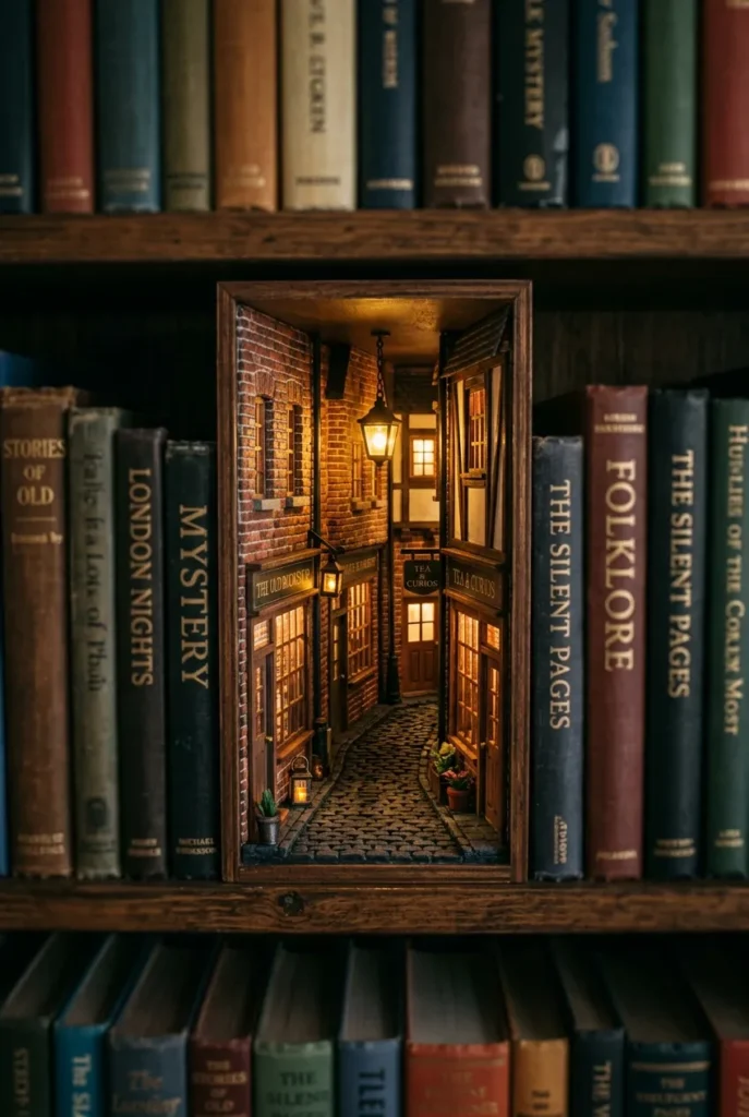 Lit DIY book nook shelf insert showing a tiny alley between books on a wooden shelf.